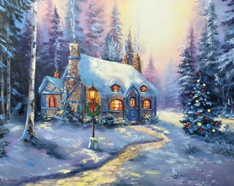 Christmas Cottage Painting Landscape Original Art Winter Painting New England Countryside Artwork Oil On Canvas 24 By 30 ArtbyNadiaUS