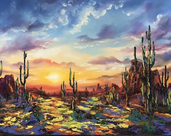 Sonoran Desert Cactus Painting: Arizona Sunset Landscape, Oil Impasto Art (24x36) ArtbyNadiaUS
