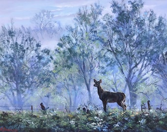 Deer Painting Morning Haze On The Ranch Original Art Foggy Landscape Painting Original Oil Artwork 18 By 24 ArtbyNadiaUS