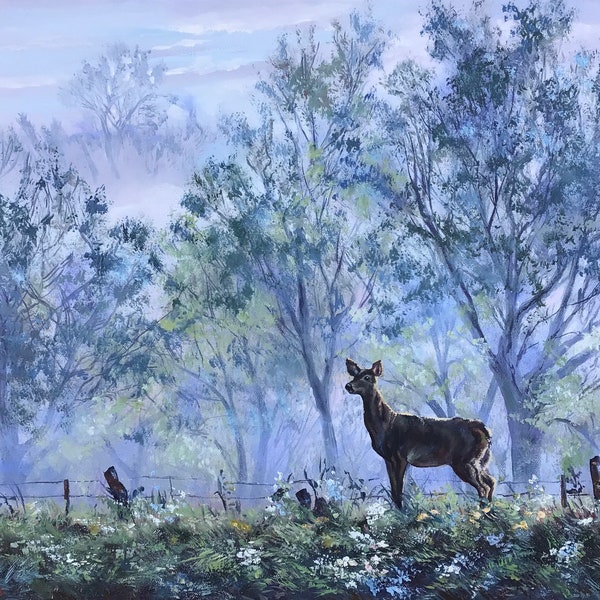 Deer Painting Morning Haze On The Ranch Original Art Foggy Landscape Painting Original Oil Artwork 18 By 24 ArtbyNadiaUS