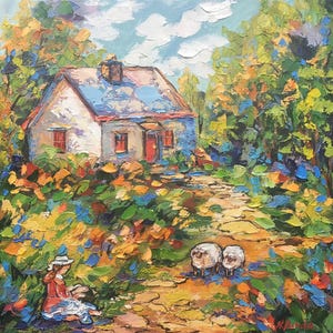Girl In The Garden Painting Country Side Original Art Sheep Painting Impressionist Wall Art Original Oil On Canvas 12 By 12 ArtbyNadiaUS