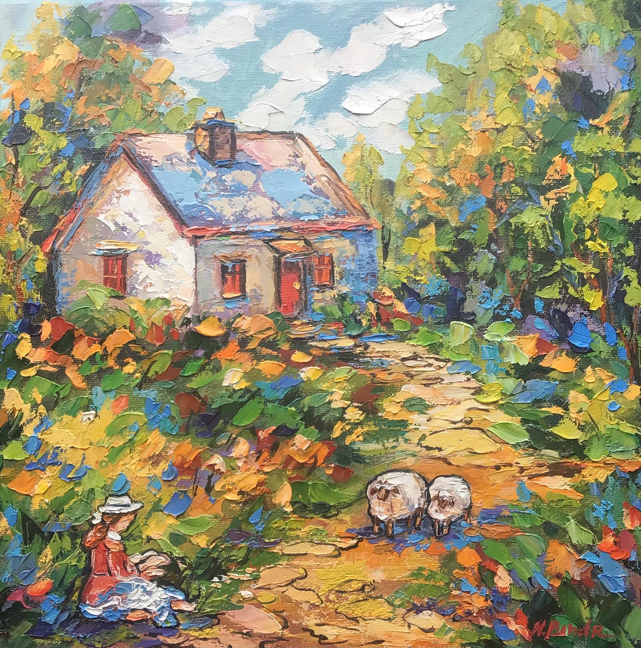 Girl In The Garden Painting Country Side Original Art Sheep Painting Impressionist Wall Art Original Oil On Canvas 12 By 12 ArtbyNadiaUS