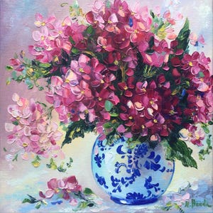 Pink Hydrangeas Painting Flowers Original Art Floral Impasto Wall Art Original Oil On Canvas 12 By 12 ArtbyNadiaUS