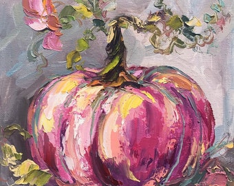 May include: An oil painting on canvas featuring a pumpkin rendered with thick, textured impasto brushstrokes. The pumpkin displays a vibrant palette of magenta, deep purple, yellow, and soft pink, topped with a dark green stem and curling vines.