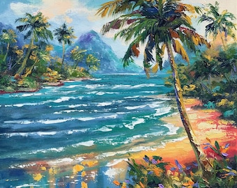 May include: Oil painting of a tropical beach scene. The artwork depicts a sandy shore with turquoise water, palm trees, and a mountain in the background. The sky is a mix of blue and white, and the painting has a warm, inviting feel.
