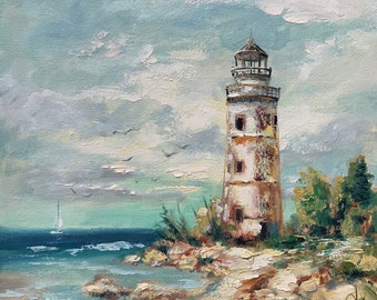 Lighthouse Painting Ocean Original Art Beach Wall Art Nautical Painting Coastal Artwork Original Oil On Canvas 12 By 12 ArtbyNadiaUS