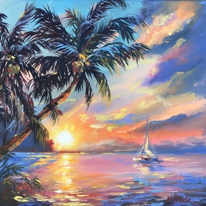 Caribbean Painting Beach Sunset Original Art Palm Trees And Ocean Breeze Artwork Tropical Oil Seascape Painting 12 By 12 ArtbyNadiaUS