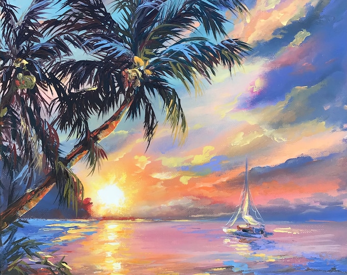 Caribbean Painting Beach Sunset Original Art Palm Trees and Ocean ...