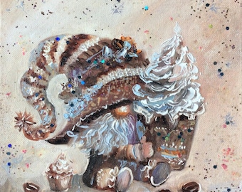 Fall Elf Painting Hazelnut Gnome Original Art Holidays Cappuccino Elf Wall Art Oil Painting 8 By 8 ArtbyNadiaUS