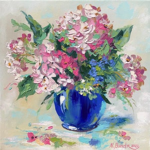 Pink Hydrangea Painting Floral Original Art Flowers In Blue Vase Painting Impasto Artwork Original Oil On Canvas 12 By 12 ArtbyNadiaUS