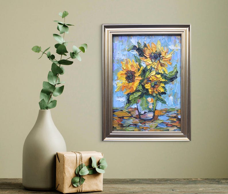 Original Sunflower Oil Painting: Floral Impasto Artwork, Framed 7x5 Art ...