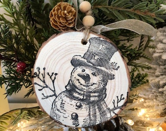 Snowman Ornaments Rustic Christmas Tree Ornament Slice Pine Wood Winter Holidays Decoration Set Of 4 By ArtbyNadiaUS
