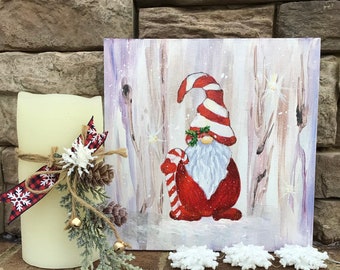 Christmas Elf Painting Santa’s Gnome Original Art Holidays Peppermint Elf Artwork Winter Oil Painting 8 By 8 ArtbyNadiaUS