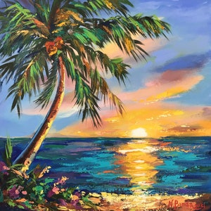 Cancun Painting Palm Tree Original Art Tropical Oil Painting On Canvas Beach Seascape Painting 12 By 12 ArtbyNadiaUS