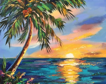 Cancun Painting Palm Tree Original Art Tropical Oil Painting On Canvas Beach Seascape Painting 12 By 12 ArtbyNadiaUS