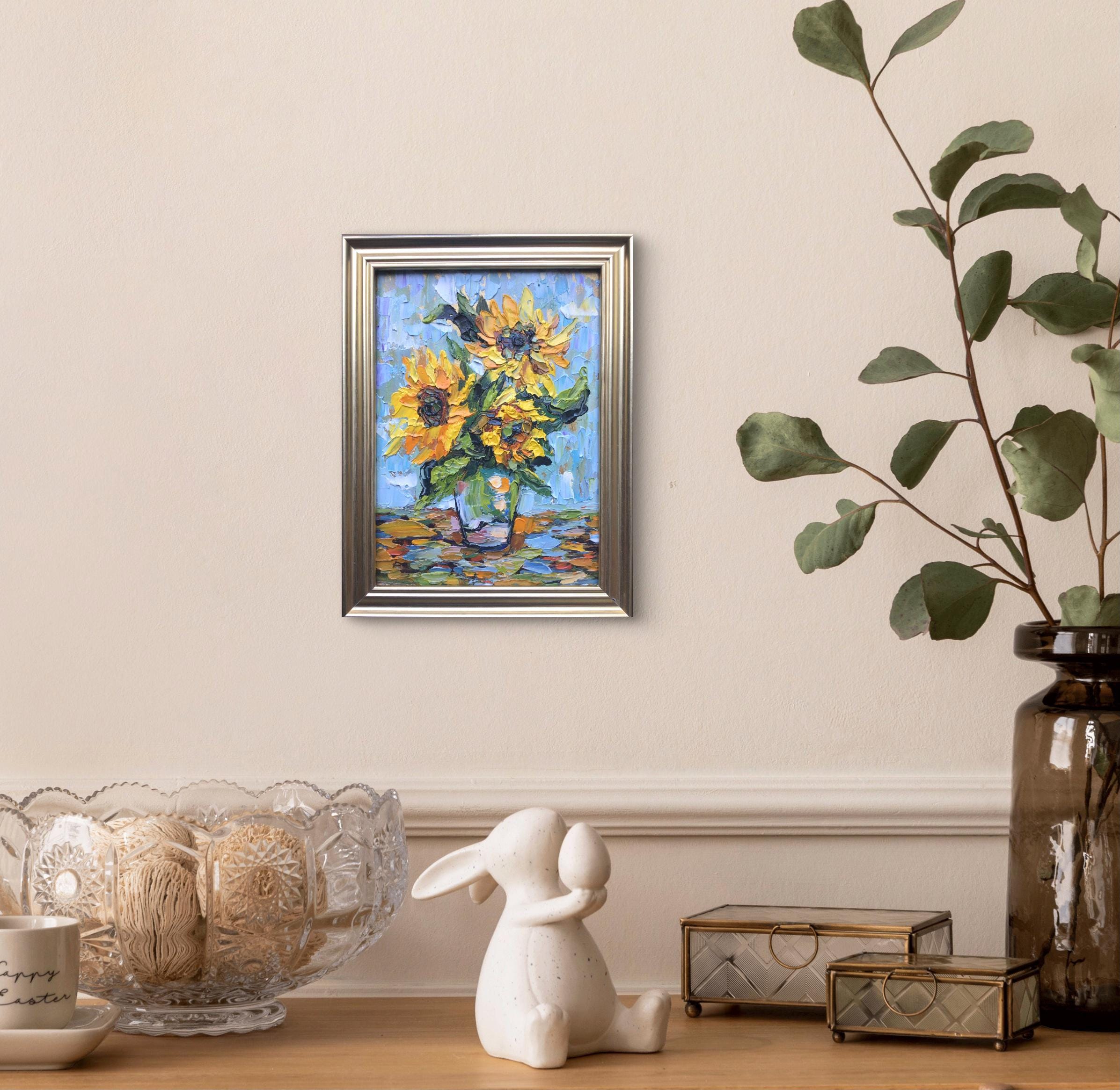 Original Sunflower Oil Painting: Floral Impasto Artwork, Framed 7x5 Art ...