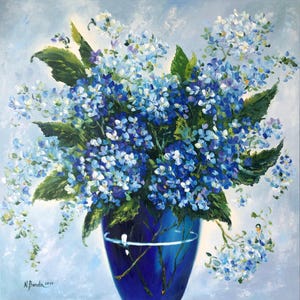 Hydrangea Painting Blue Flowers Original Art Shabby Chic Flower Wall Painting Original Oil On Canvas 30 By 30 By 1.5 Inches ArtbyNadiaUS