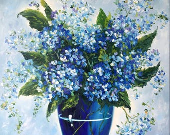 Hydrangea Painting: Original Blue Flower In Vase Oil on Canvas (30x30) ArtbyNadiaUS