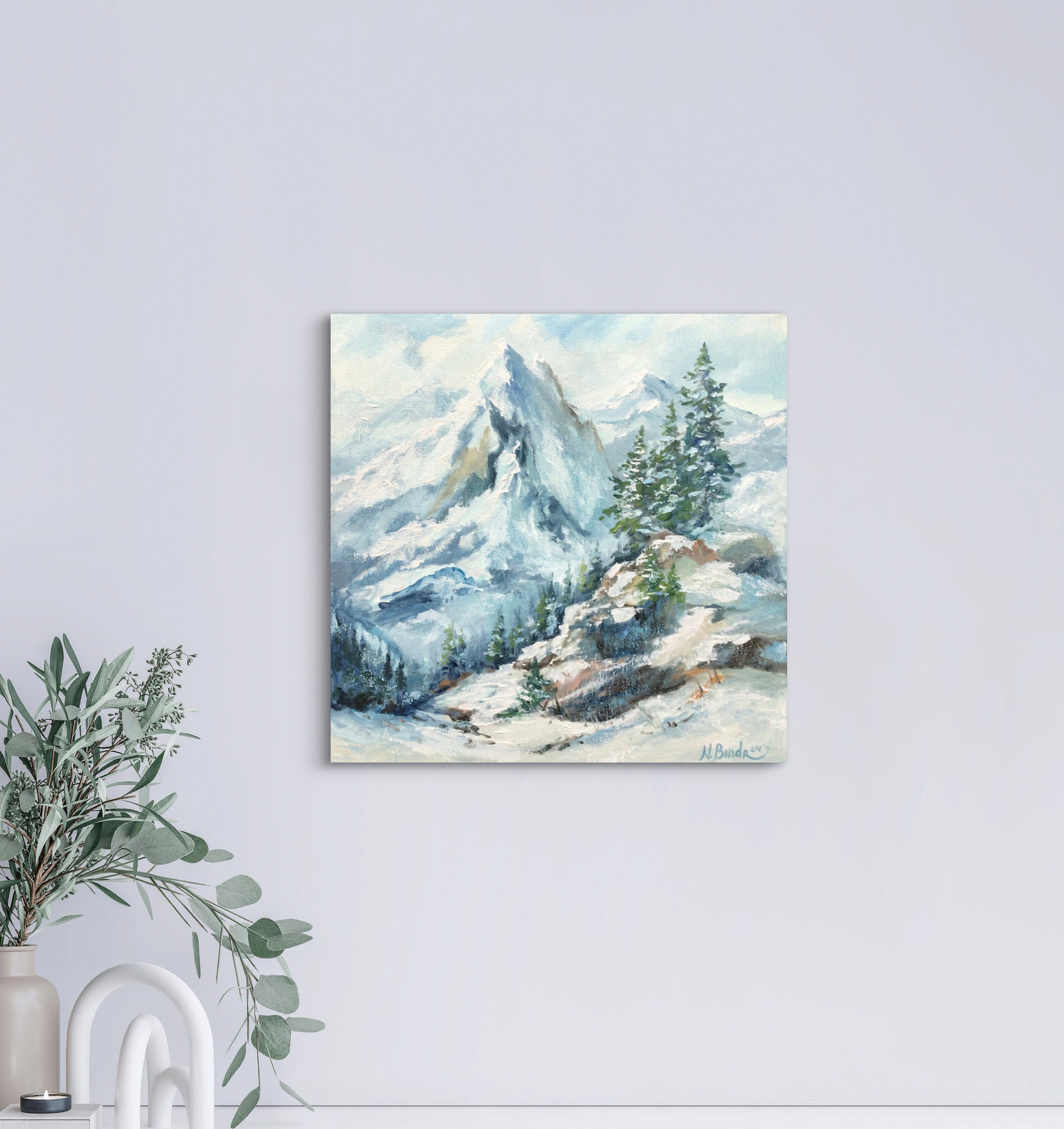 Winter Mountains Painting Snow Original Art Pine Trees