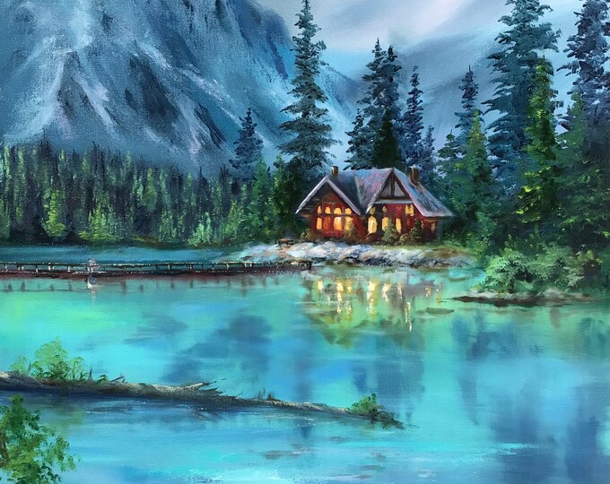 Emerald Lake Painting Canada Original Art Mountain Scenery Landscape Painting National Park Art