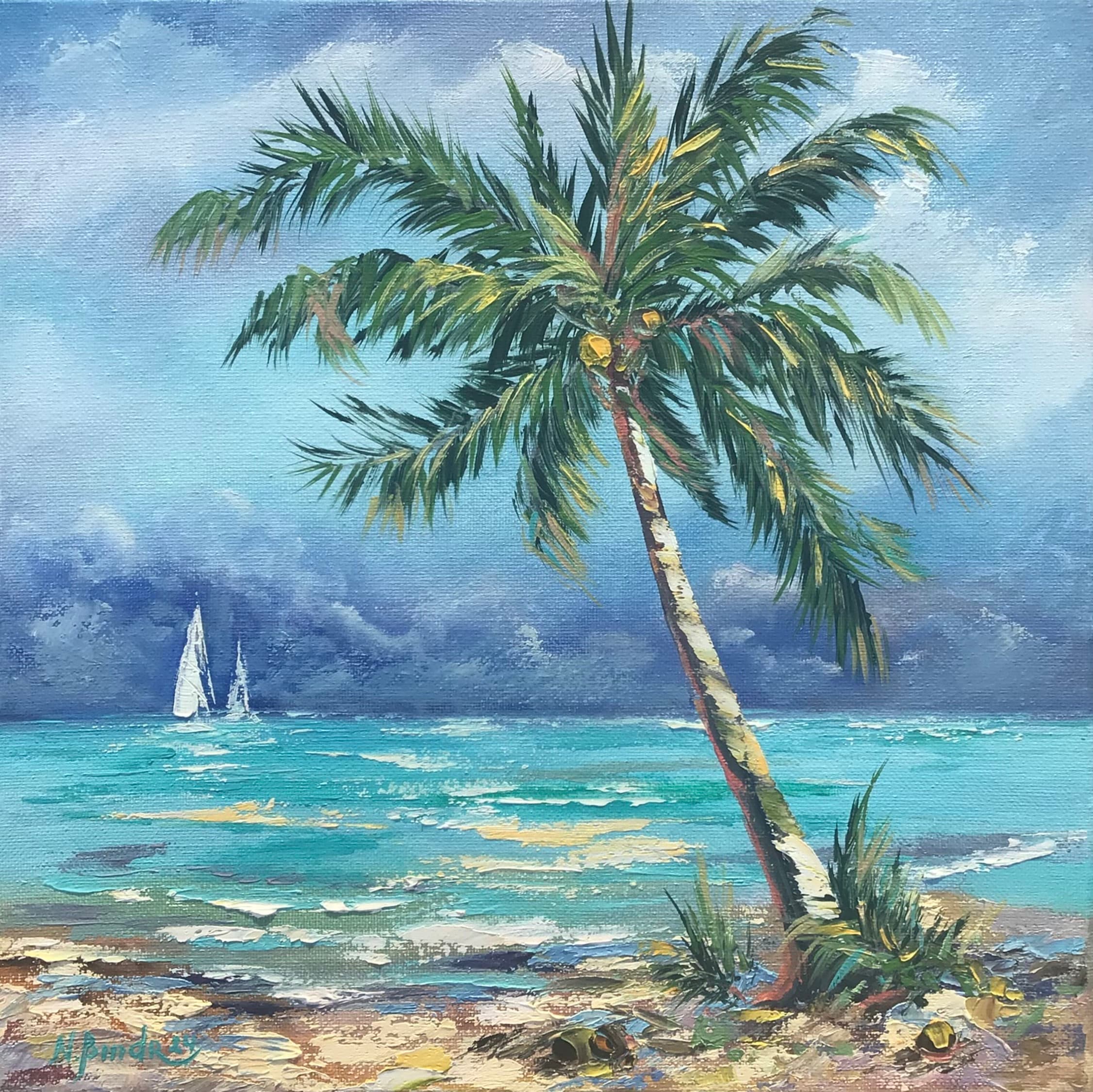 Tropical Beach Oil Painting: Palm Tree Seascape Art (12x12