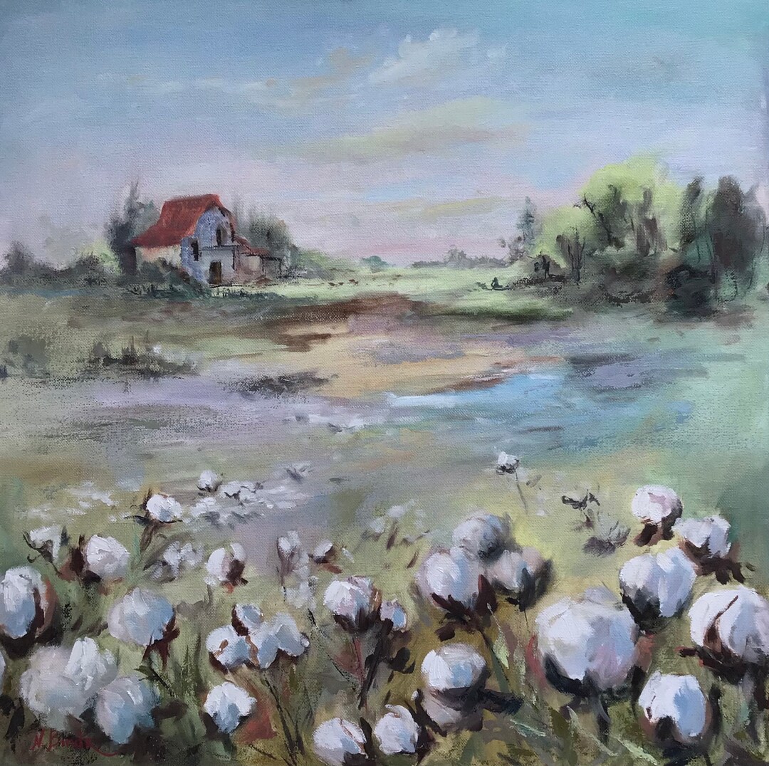 Cotton Fields Painting Old Barn Original Art Farm Wall Art Oil Landscape Painting on Canvas 20