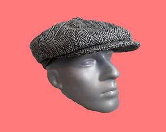 PEAKY BLINDERS Scottish Highland Harris Tweed® Newsboy Cap ZH028 in Black/Gray Herringbone - Choose Size
