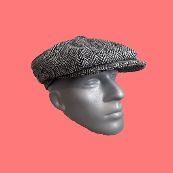 PEAKY BLINDERS Scottish Highland Harris Tweed® Newsboy Cap ZH028 in Black/Gray Herringbone - Choose Size