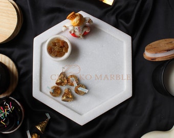 Handmade Hexagonal Design White Serving Tray | Marble Platter for Dining Table Decoration