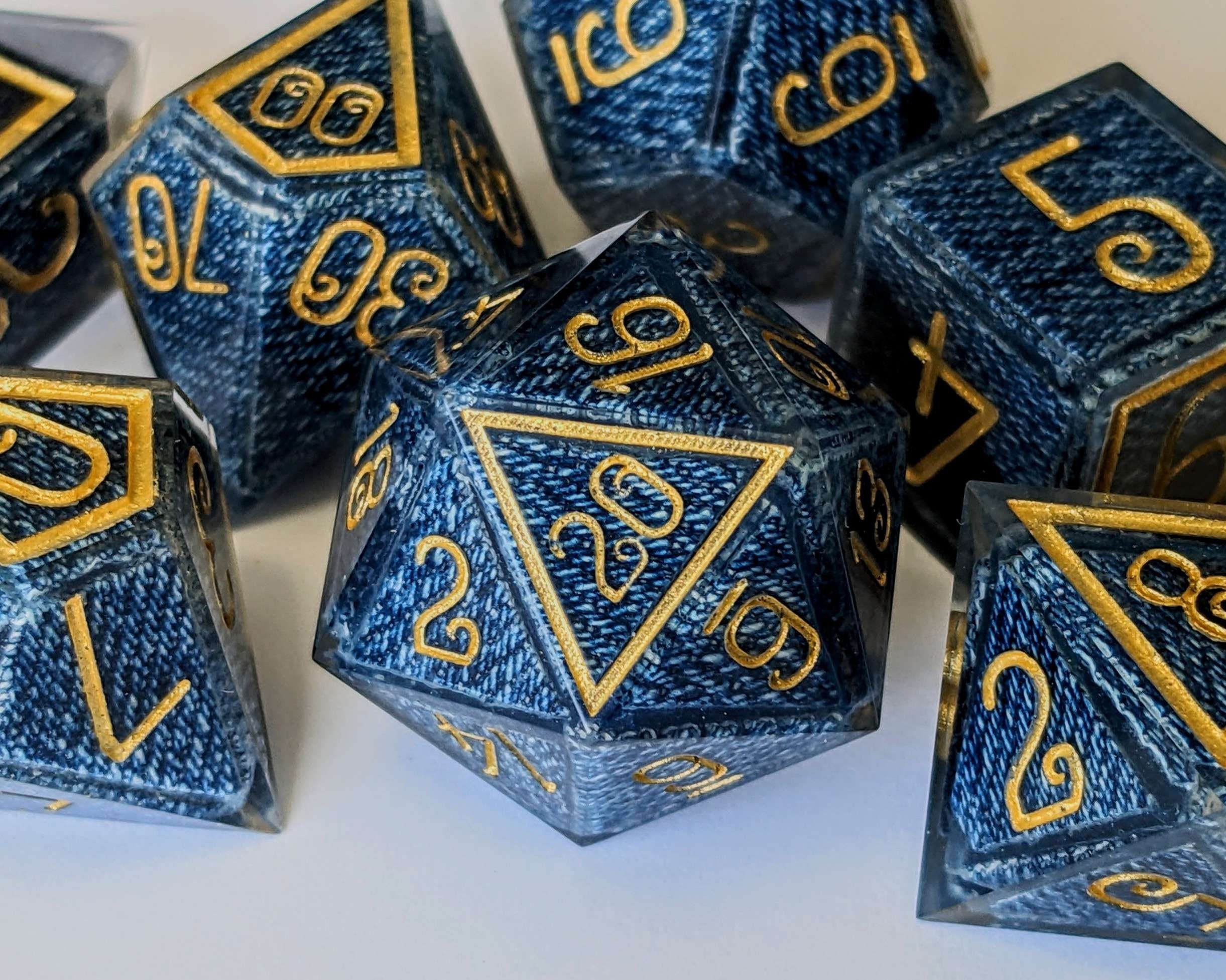 Handmade Denim Jeans Dice (Jice) - TTRPG Dice, Sharp Edge Dice, DND Dice Set, Dungeons and Dragons, Pathfinder, keywords for the keyword god
