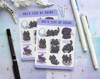 Aki's life of Crime Sticker Sheet | Pixel Cat | Cat Stickers