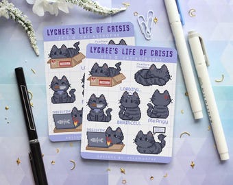Lychee's Life of Crisis Sticker Sheet | Pixel Cat | Cat Stickers