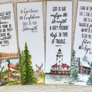 May include: A set of six rectangular bookmarks with watercolor illustrations and inspirational quotes. Each bookmark features a different scene, including an eagle, ducks, a deer, a lighthouse, a cabin, and a barn with a windmill.