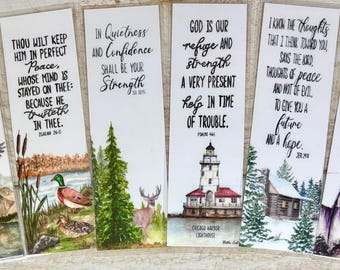 Bold, Strong, Outdoorsy Watercolor Bookmarks | Inspirational Scripture | Nature Inspired Designs (Laminated)