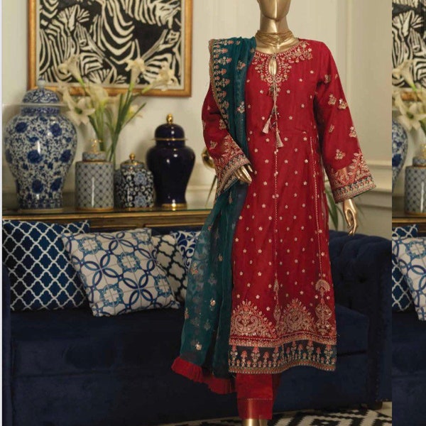 Pakistani Eid  suit, party wear long  gown, desi outfit, desi wear salwar kameez 3 PCs salwar suit red color dress indian ethnic wear tradit
