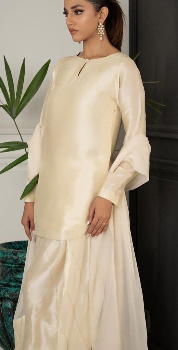 stunning black  Korean silk ensemble with short shirt khulli shalwar and  luxurious organza dupatta trending farshi shalwar