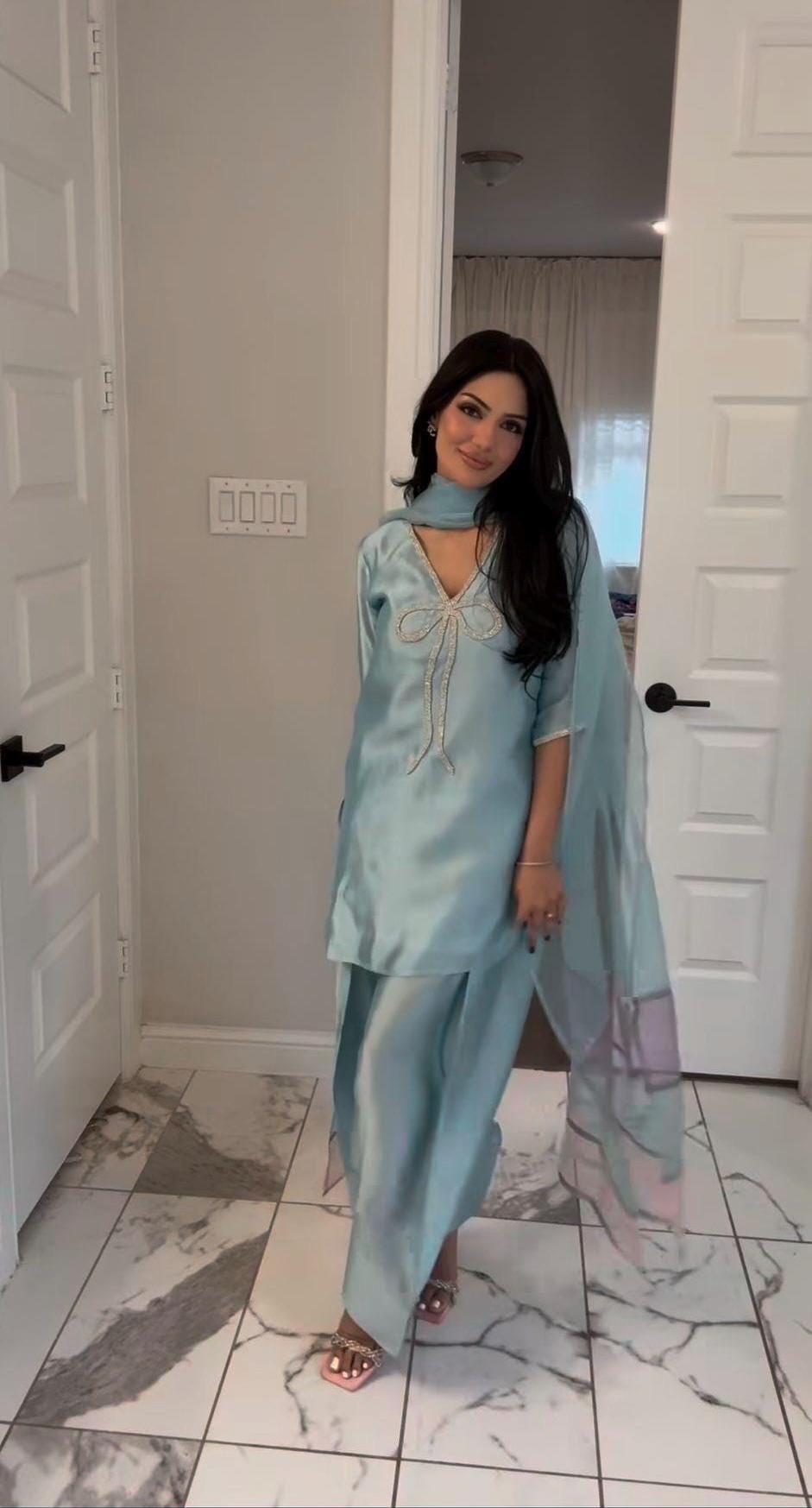 light blue dress one shoulder Agha Noor Chiffon 2 Piece Dress
