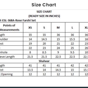 May include: Size chart for a women's clothing set, showing measurements in inches for the top and bottom pieces. The set includes a top with a length, shoulder, chest, hip, armhole, and sleeve length, and a bottom with a length, waist, and leg opening. Sizes range from XS to XL.