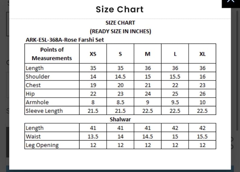 May include: Size chart for a women's clothing set, showing measurements in inches for the top and bottom pieces. The set includes a top with a length, shoulder, chest, hip, armhole, and sleeve length, and a bottom with a length, waist, and leg opening. Sizes range from XS to XL.