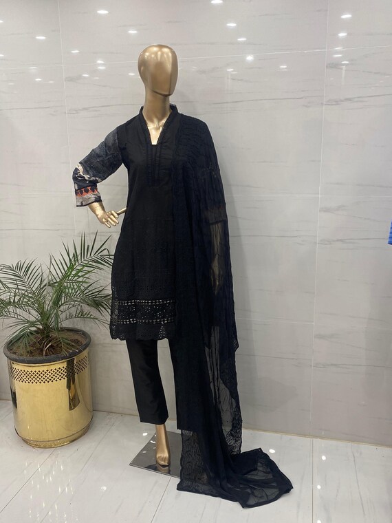 パキスタンの刺繍入りスリーピーススーツ、すぐに着用可能、ステッチ 