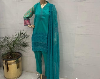 Pakistani  embrodred three piece suit, ready to wear, stitched , , Pakistani  lawn chickenkari suit , kameez shalwar dupatta,Eid festive