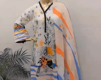 Pakistani  Printed  three piece ready to wear  lawn suit , kameez shalwar dupatta,Eid festive