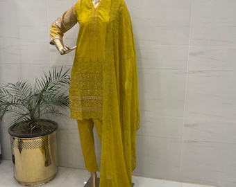 Costume trois pièces brodé pakistanais, prêt à porter, cousu, costume pakistanais de poulet kari en pelouse, kameez shalwar dupatta, fête de l'Aïd