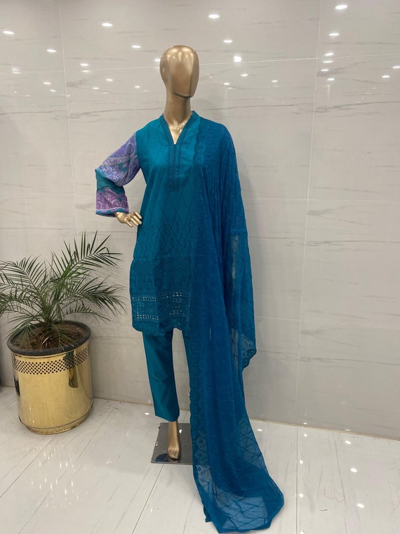 Pakistani  embrodred three piece suit, ready to wear, stitched Pakistani  lawn chickenkari  kameez shalwar dupatta,Eid festive medium large