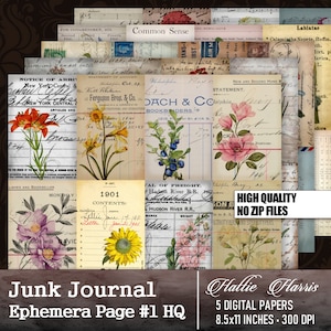 Junk Journal Ephemera Page #1 - Frameable Floral Paper High-Res Printable Digital Download 5 Pages 8.5x11