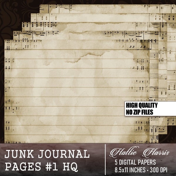 Junk Journal Music Pages #1 - Antique Vintage Coffee Dyed Paper High-Res Printable Digital Download 5 Pages 8.5x11