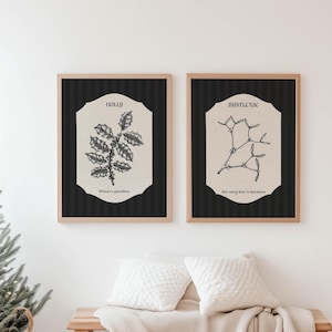 Könnte beinhalten: Zwei gerahmte Wandbilder mit schwarz-weißen botanischen Illustrationen von Stechpalme und Mistel. Jeder Druck hat eine cremefarbene Mitte mit schwarzem Text, der Holly, Winter's guardian, Mistletoe und Not every kiss is harmless lautet.