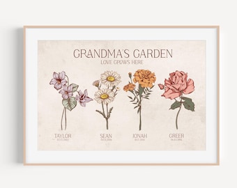 Personalized Family Garden Print: Birth Month Flowers, Antique Art, Sentimental Gift for Grandparents
