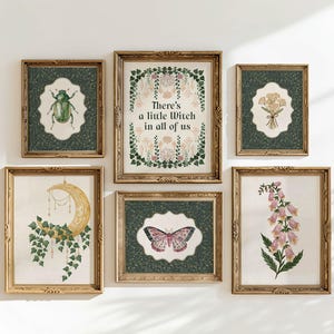 May include: A gallery wall set of six framed prints in ornate gold frames. The central print features the text 'There's a little Witch in all of us' surrounded by botanical illustrations. Other prints display a green beetle, a bouquet, a crescent moon with ivy, a moth, and foxglove flowers.