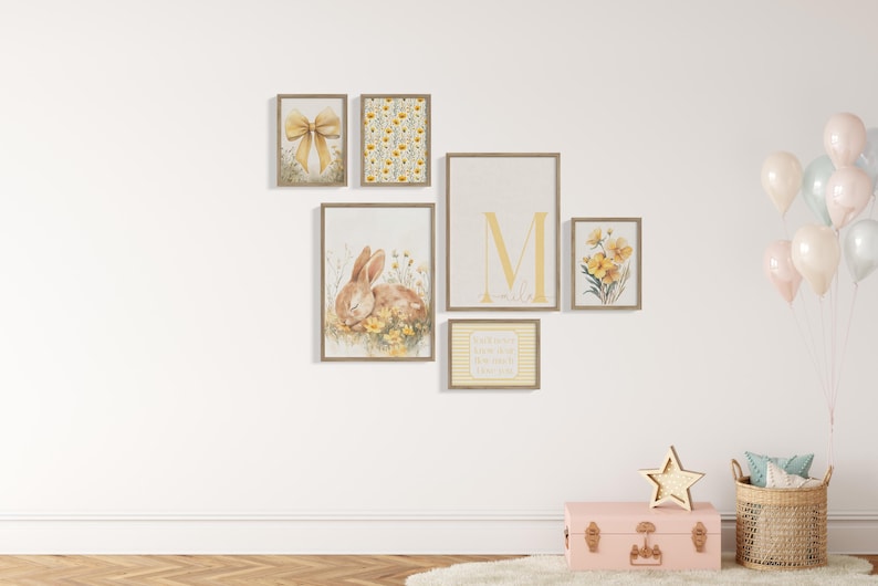 Vintage storybook nursery gallery set with bunny rabbit print, soft yellow flowers, feminine quote artwork, and custom initial wall decor.